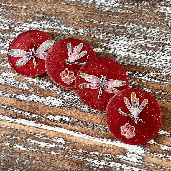 Dragonfly Glitter Resin Drink Coasters Set of 4 House Housewarming Gift Table - Picture 1 of 7